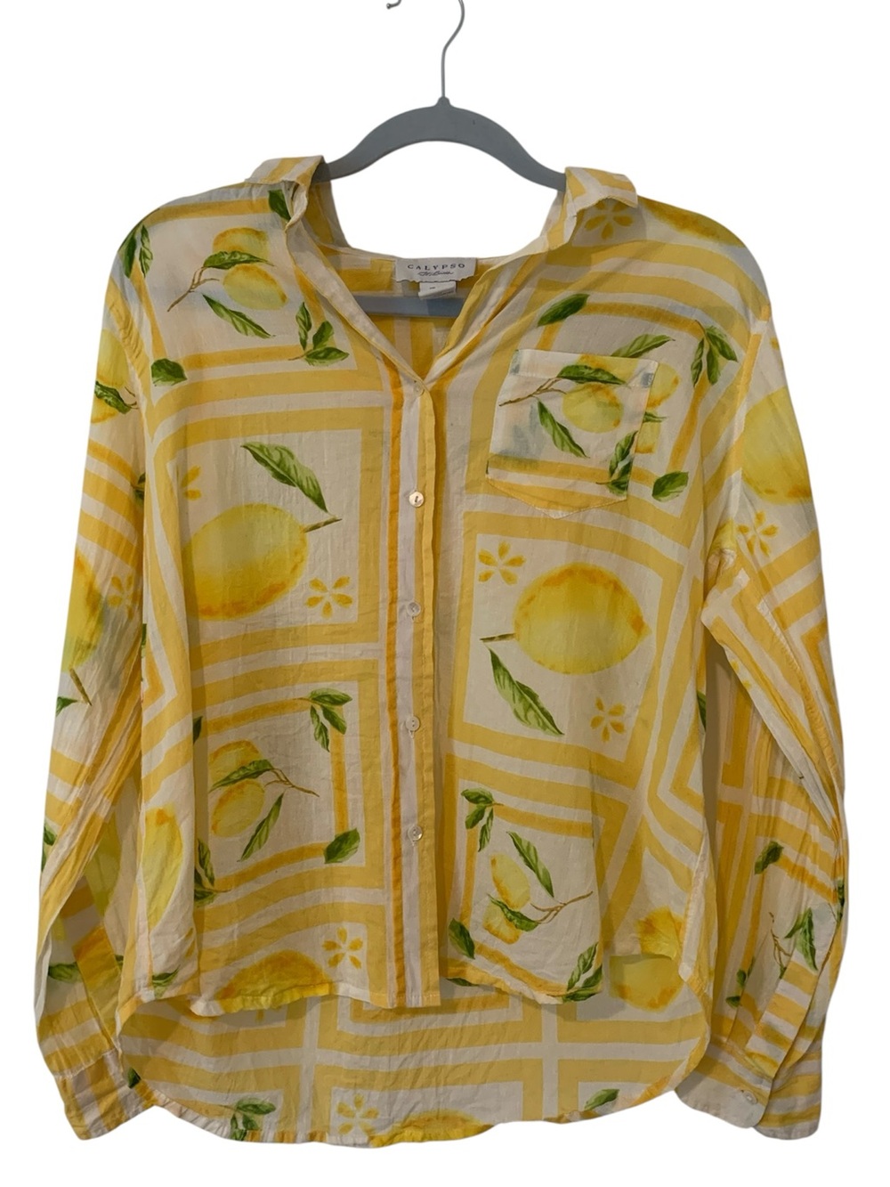 Calypso St. Barth Yellow Lemon Print 100% Cotton Button Down Shirt Medium M